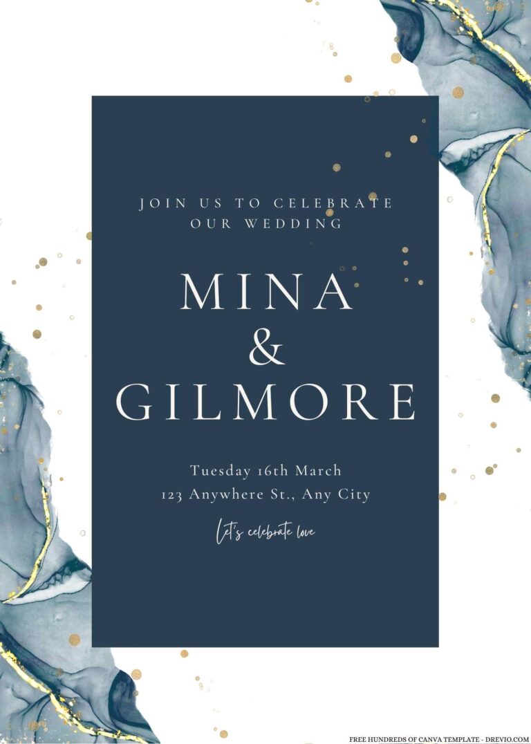 Navy Blue Gold Frame Canva Wedding Invitation Templates