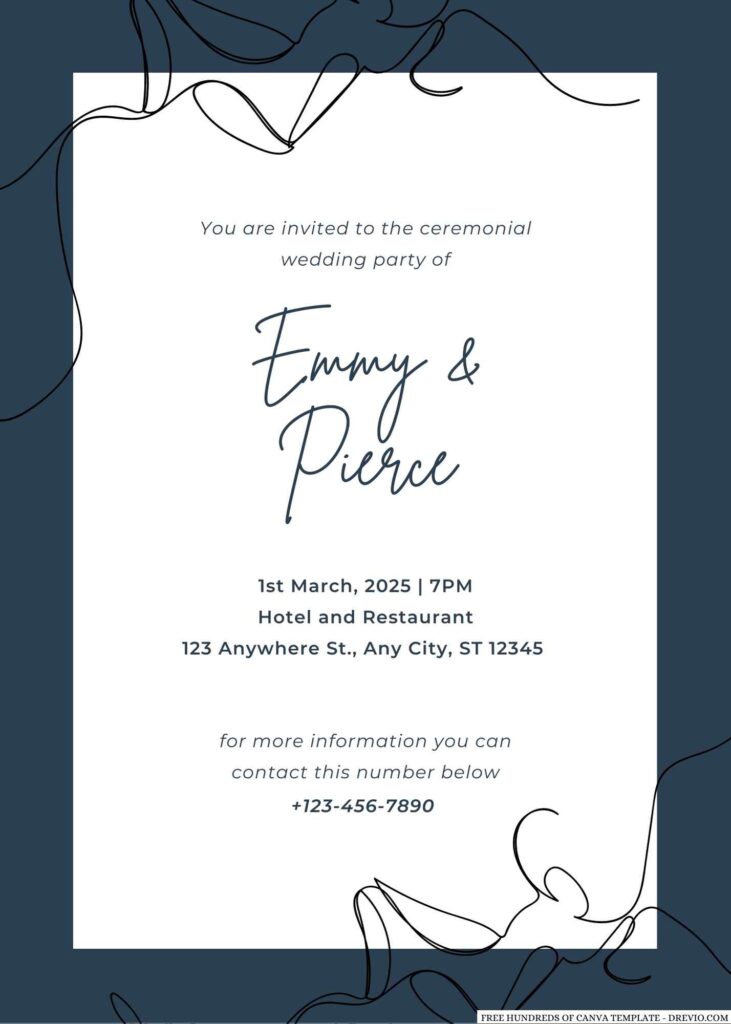 Free Editable Navy Blue Art Illustration Wedding Invitation