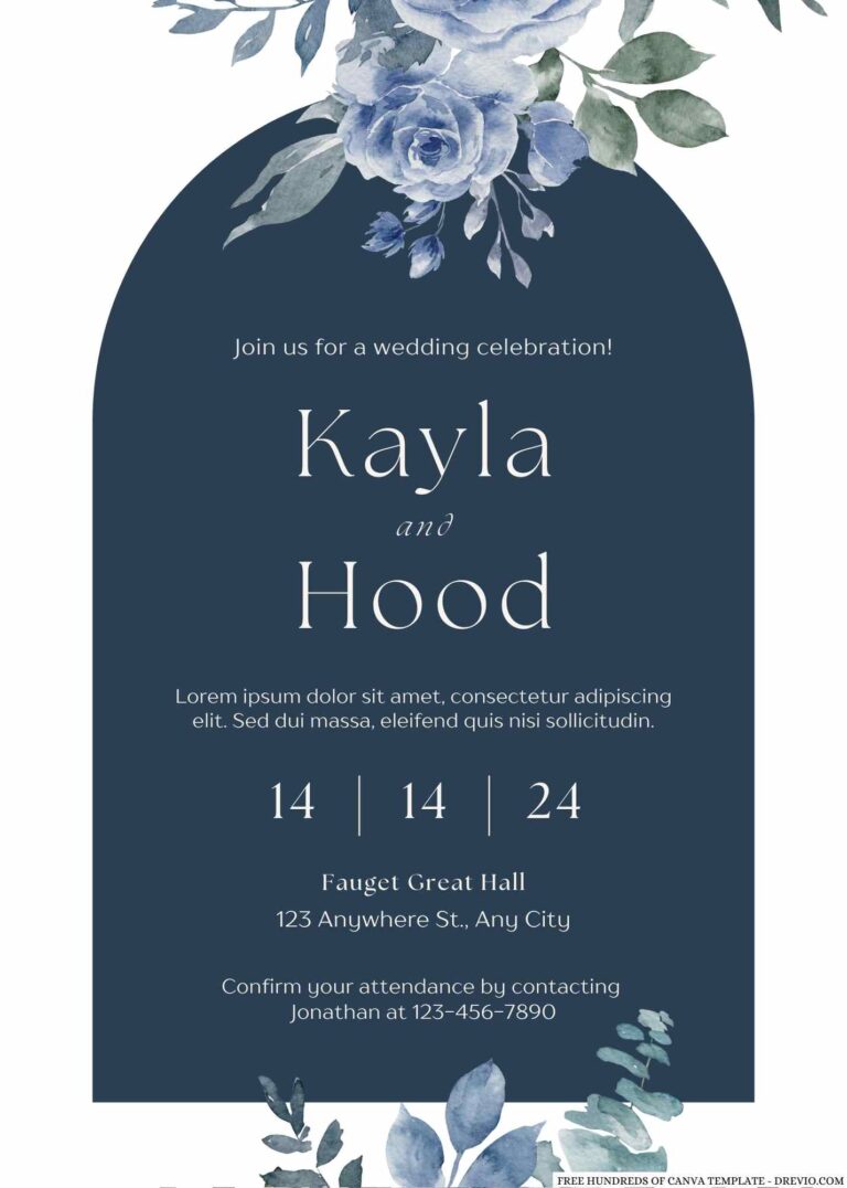 Free Editable Navy Watercolor Rose Flower Wedding Invitation