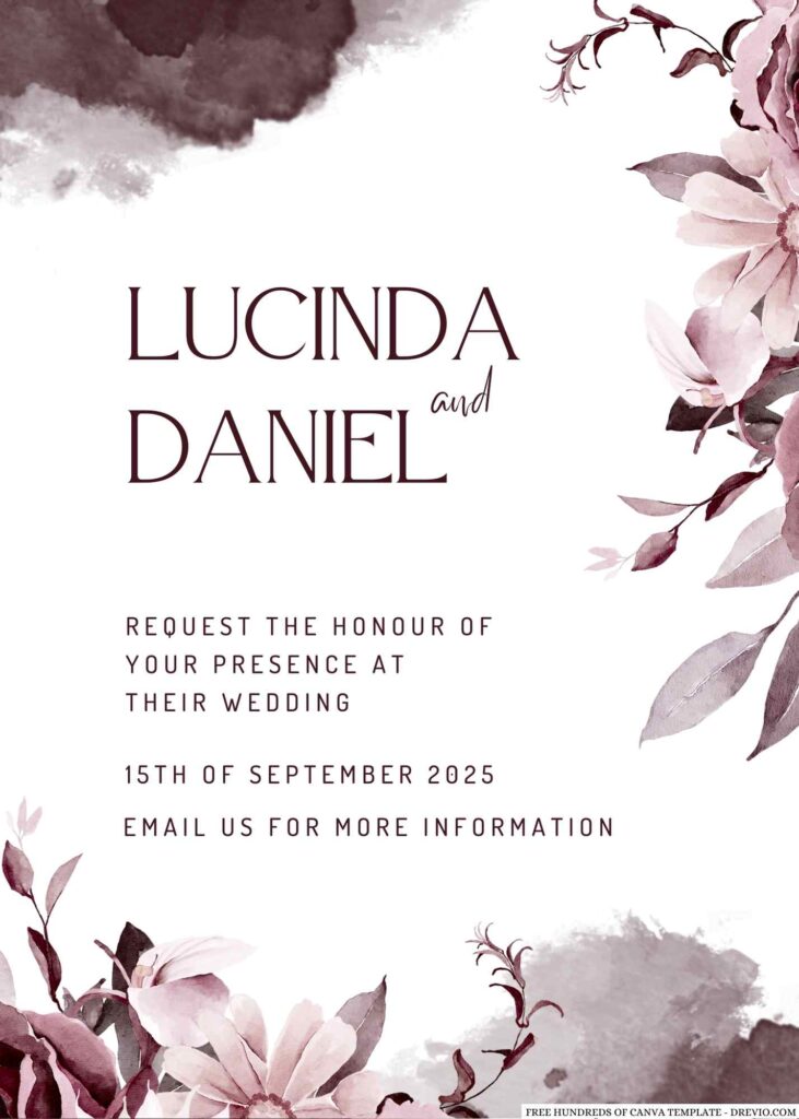 Free Editable Watercolor White Burgundy Flower Wedding Invitation