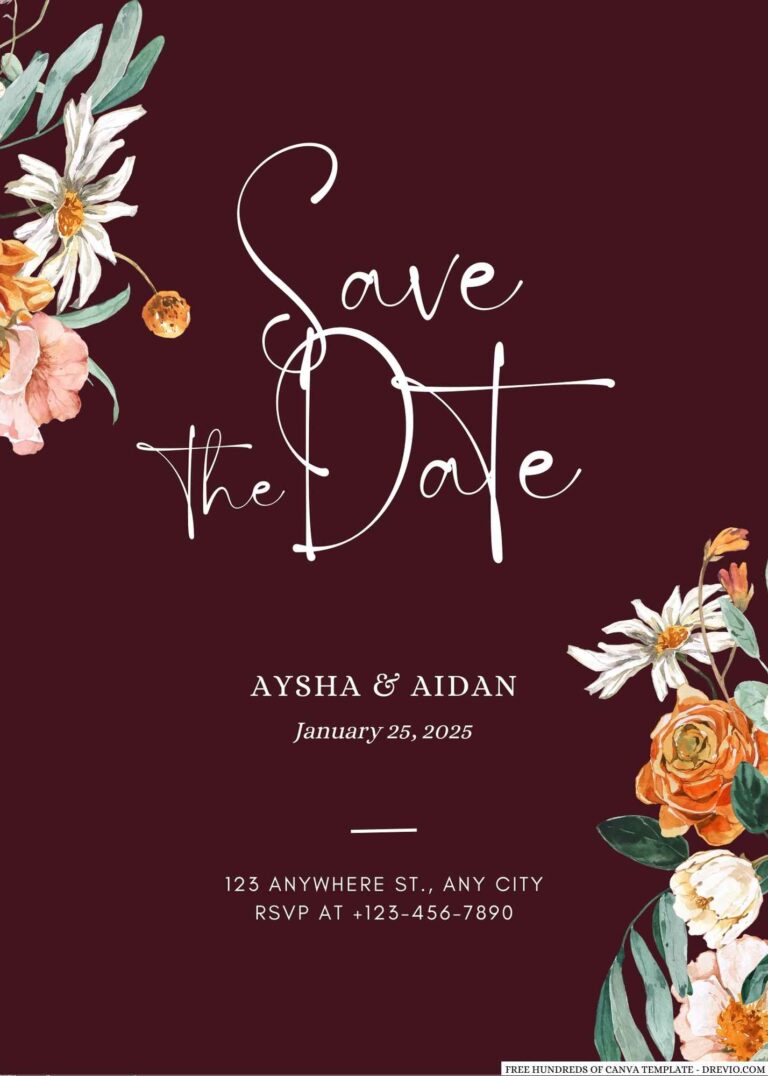Free Editable Burgundy Watercolor Orange Floral Wedding Invitation