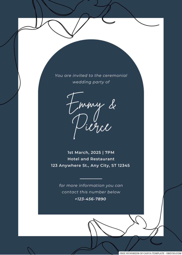 Free Editable Navy Blue Art Illustration Wedding Invitation