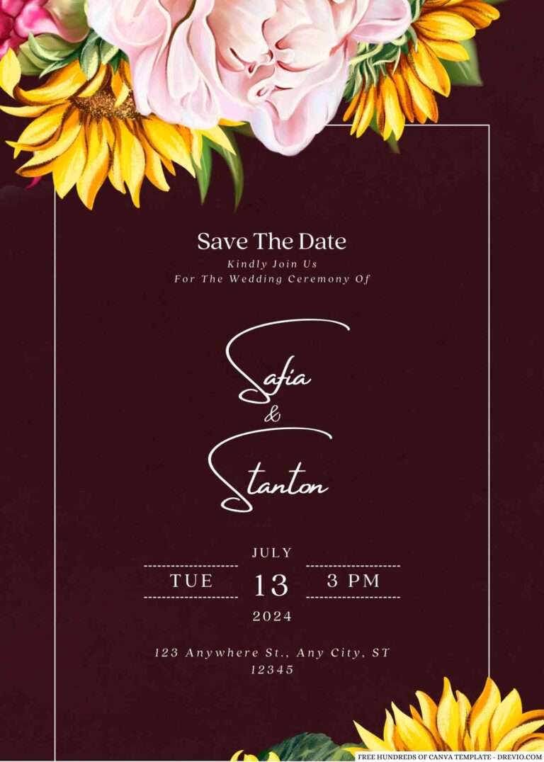 Free Editable Burgundy Sunflower Blush Peony Wedding Invitation