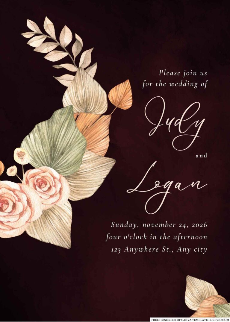 Free Editable Burgundy Dry Flower Bouquet Wedding Invitation