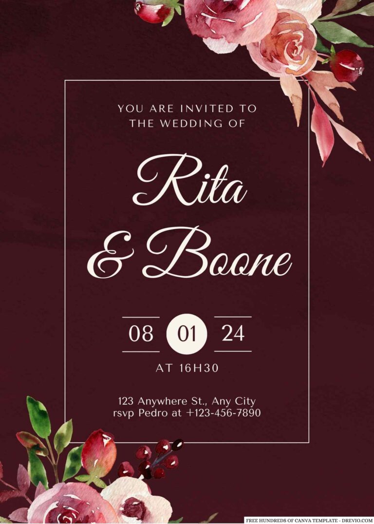 Free Editable Burgundy Watercolor Floral Composition Wedding Invitation