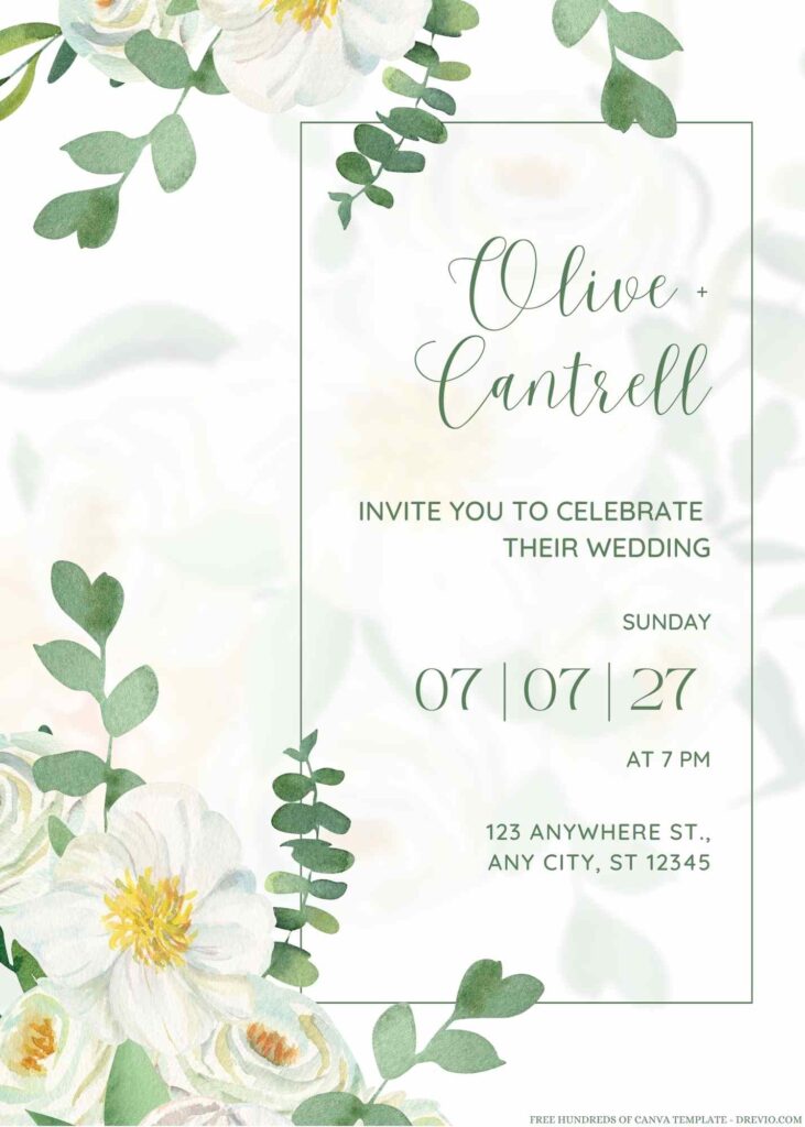 Free Editable Watercolor Greenery White Peonies Wedding Invitation