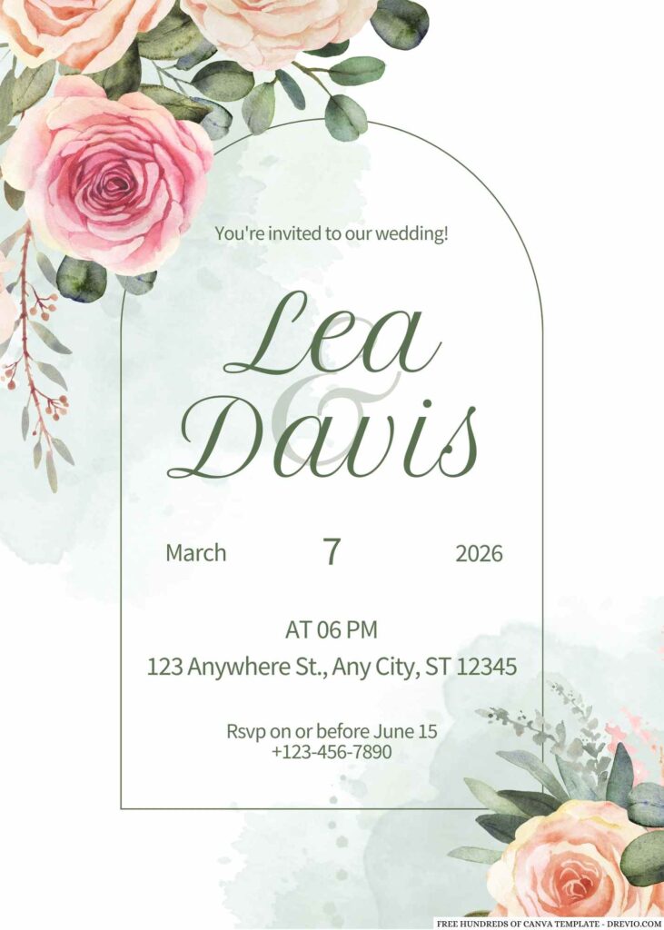 Decorative Greenery Floral Border Canva Wedding Invitation Templates