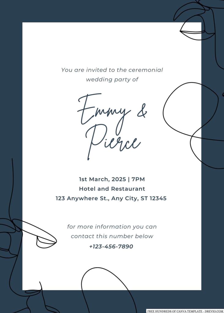 Free Editable Navy Blue Art Illustration Wedding Invitation