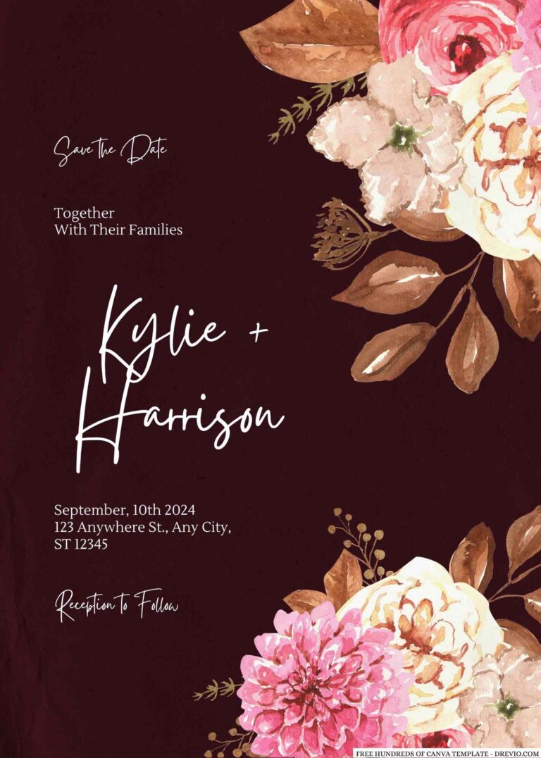 Free Editable Burgundy Watercolor Autumn Wedding Invitation
