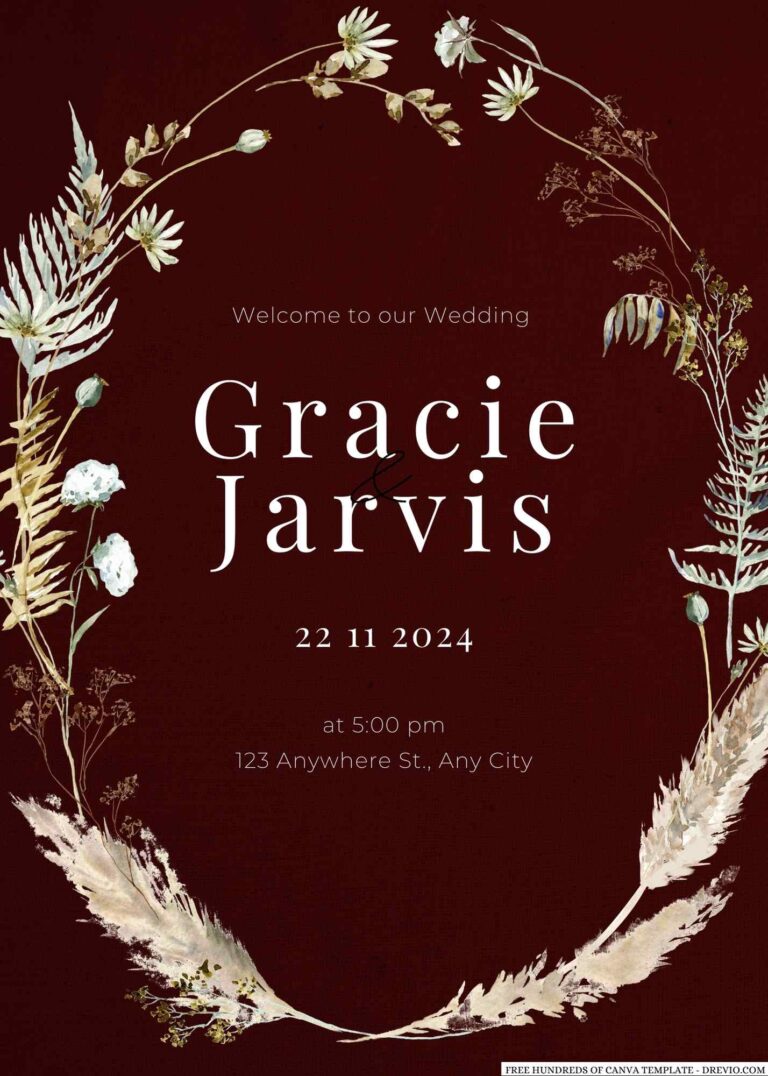 Free Editable Burgundy Watercolor Pampas Wedding Invitation