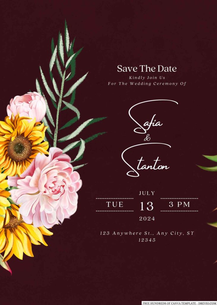 Free Editable Burgundy Sunflower Blush Peony Wedding Invitation