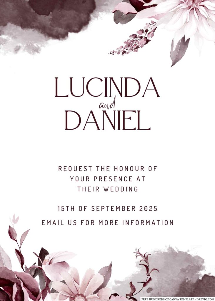 Free Editable Watercolor White Burgundy Flower Wedding Invitation