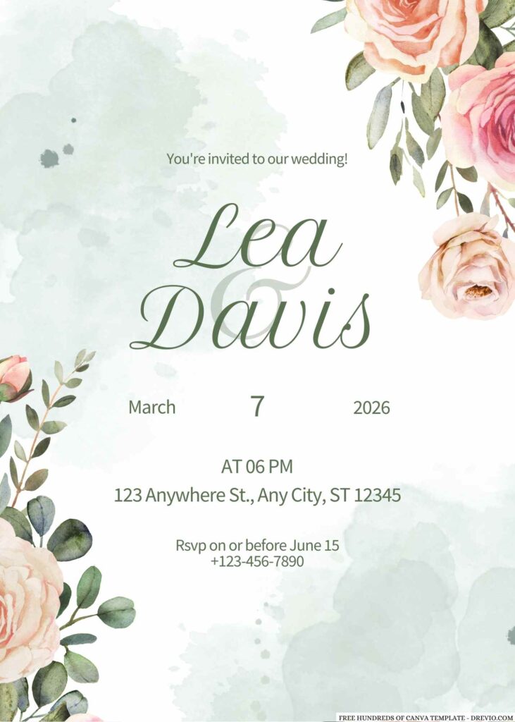 Decorative Greenery Floral Border Canva Wedding Invitation Templates