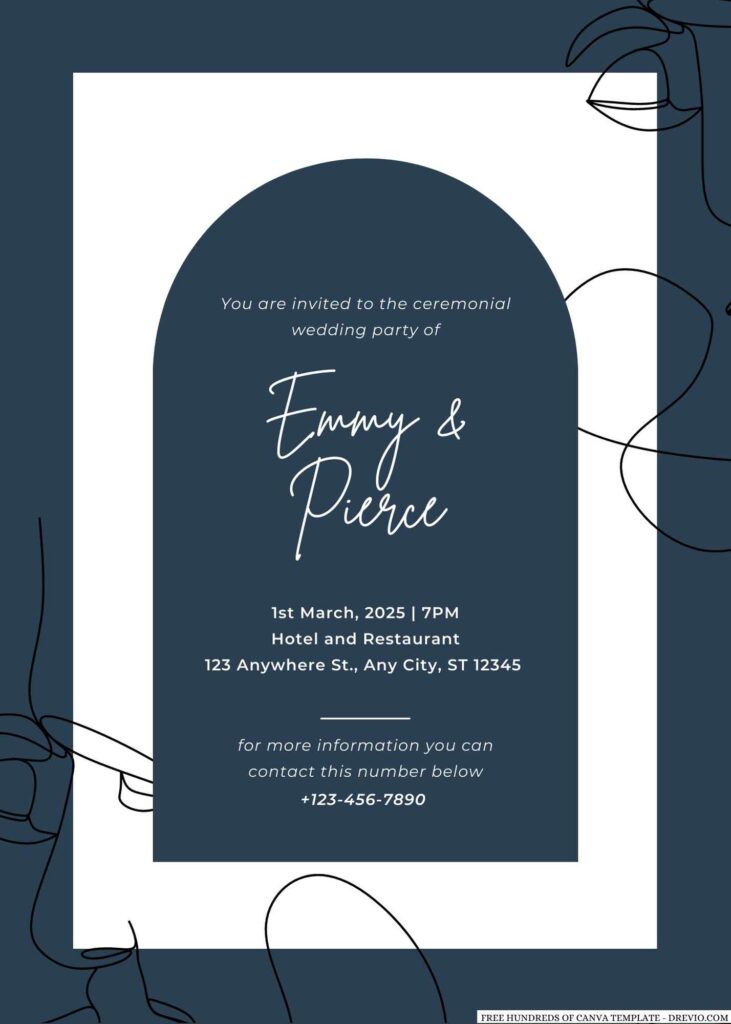 Free Editable Navy Blue Art Illustration Wedding Invitation