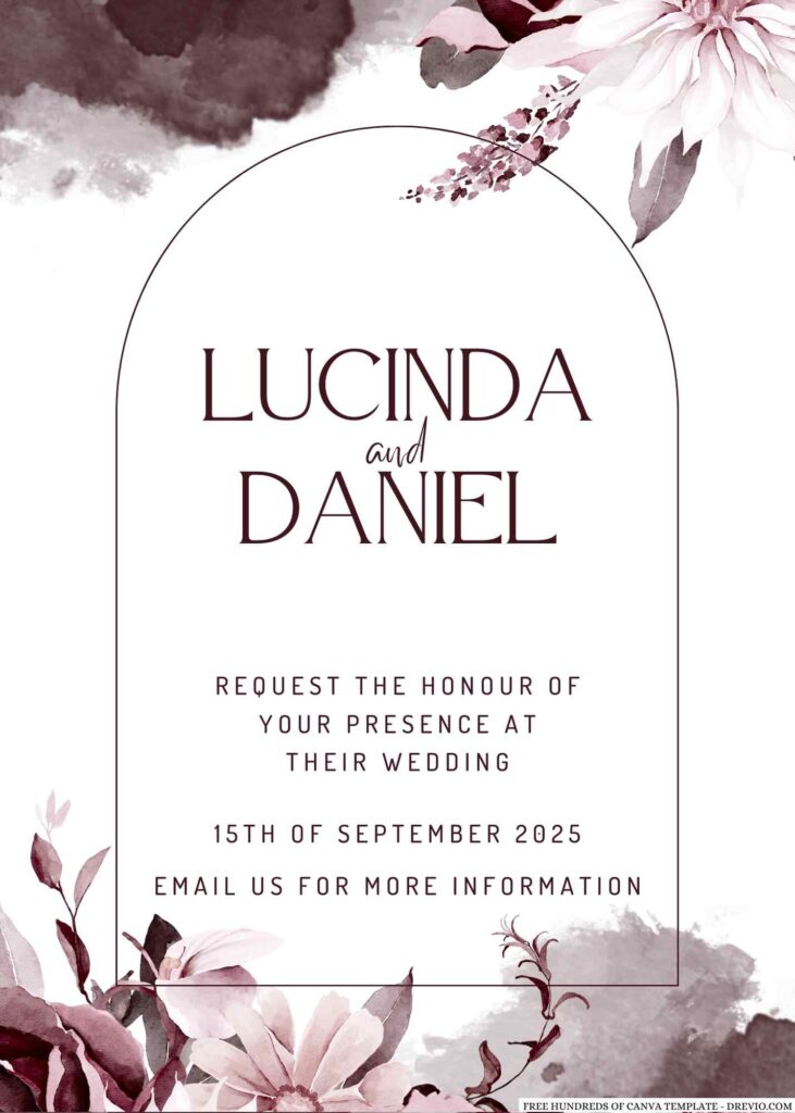 Free Editable Watercolor White Burgundy Flower Wedding Invitation