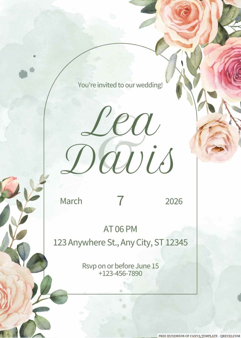 Decorative Greenery Floral Border Canva Wedding Invitation Templates