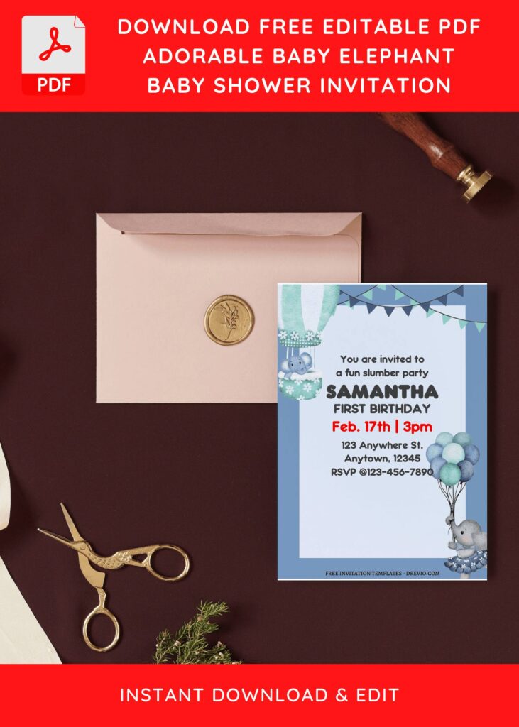 (Free Editable PDF) Little Peanut Elephant Birthday Invitation Templates I