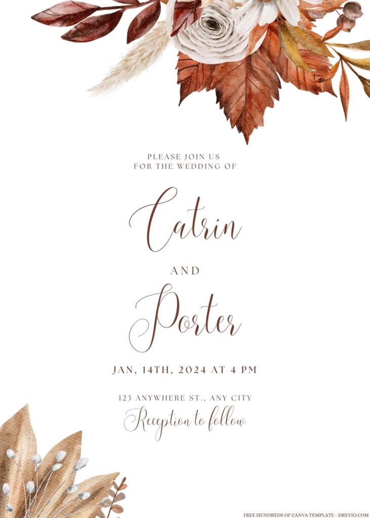 Free Editable Vintage Autumn Watercolor Wedding Invitation