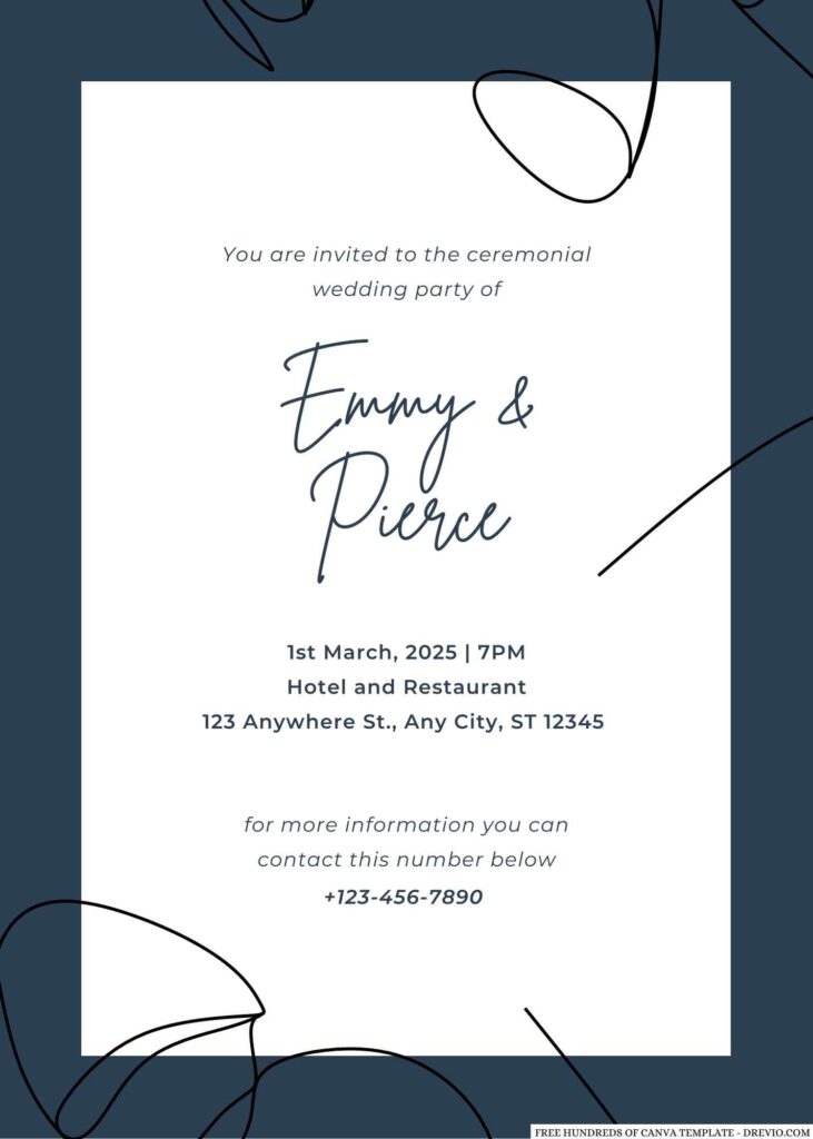 Free Editable Navy Blue Art Illustration Wedding Invitation