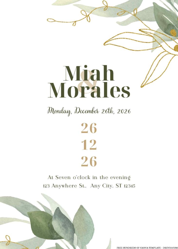 Free Editable Watercolor Floral Green Gold Leaves Wedding Invitation