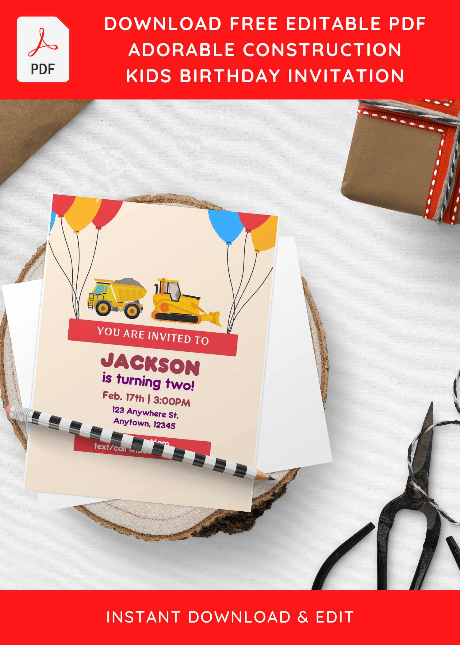 (Free Editable PDF) Adorable Construction Birthday Invitation Templates