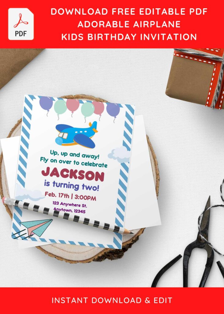 (Free Editable PDF) Adorable Airplane Themed Birthday Invitation Templates H