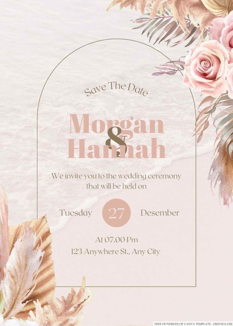 Tropical Floral Pampas Grass Pink Canva Wedding Invitation Templates