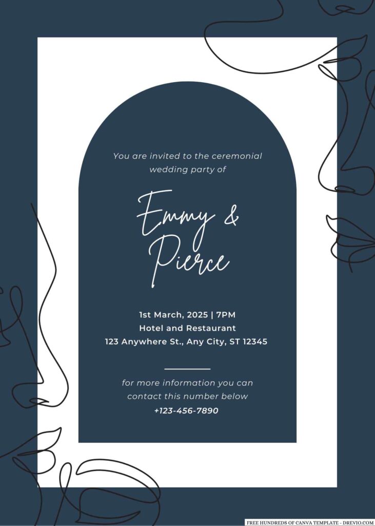 Free Editable Navy Blue Art Illustration Wedding Invitation