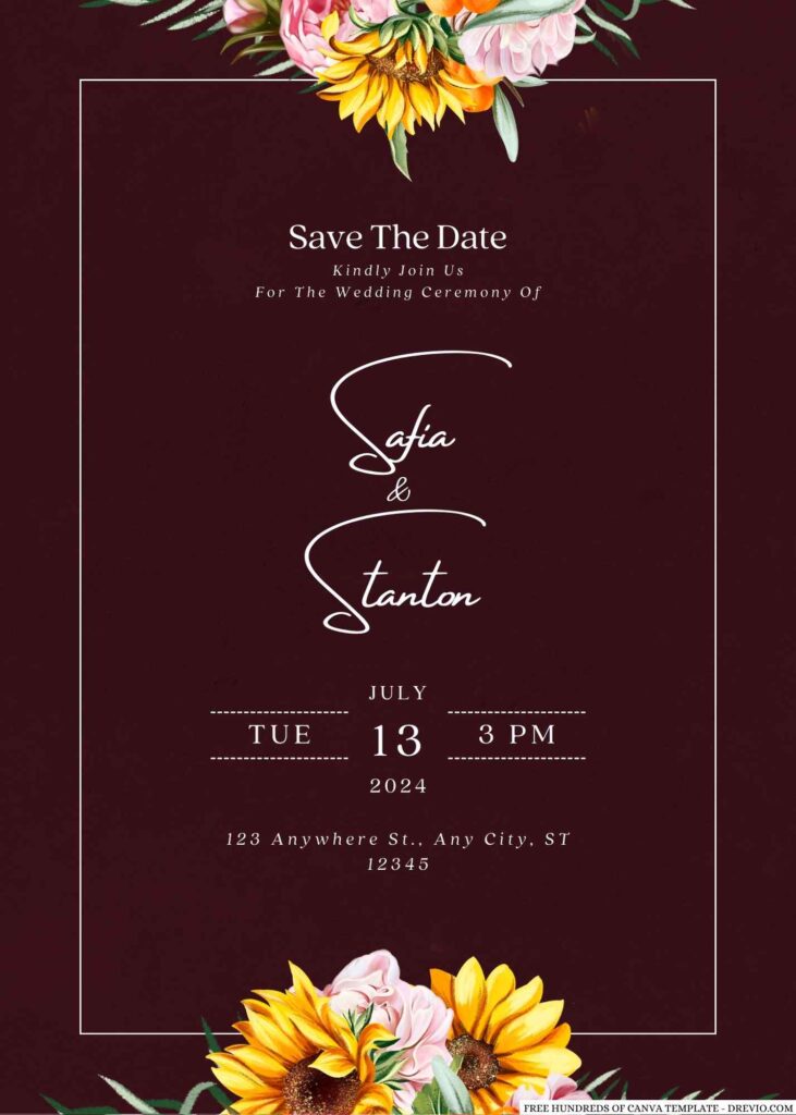 Free Editable Burgundy Sunflower Blush Peony Wedding Invitation