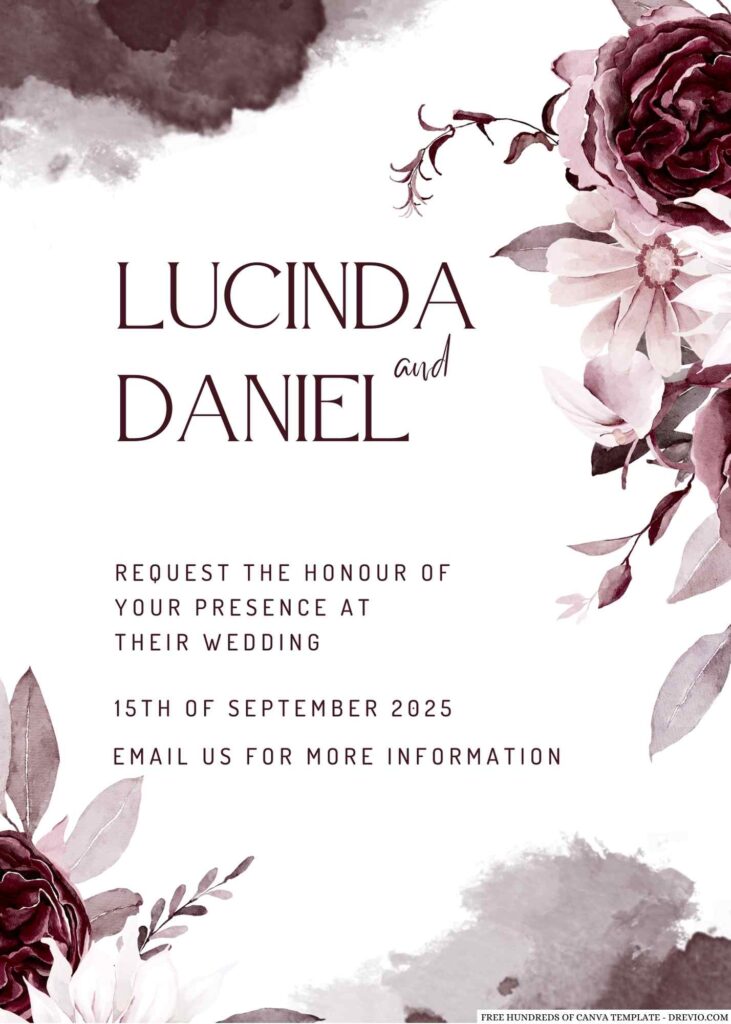 Free Editable Watercolor White Burgundy Flower Wedding Invitation