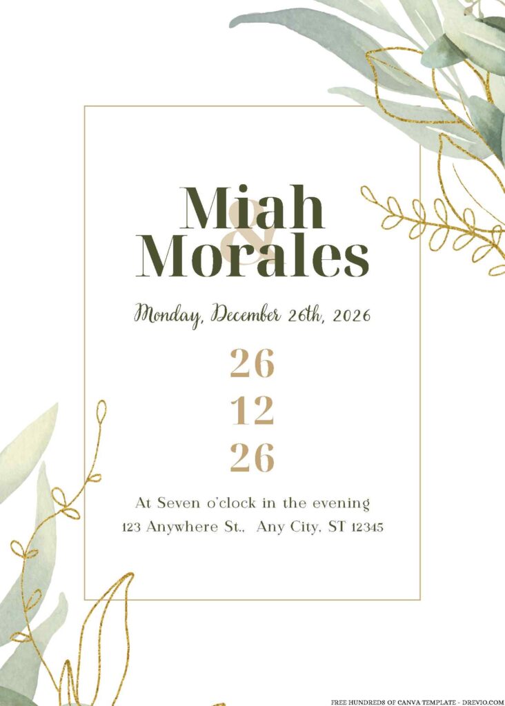 Free Editable Watercolor Floral Green Gold Leaves Wedding Invitation