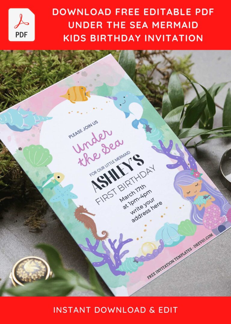 (Free Editable PDF) Splish Splash Mermaid Birthday Bash Invitation Templates with adorable pink gradient background