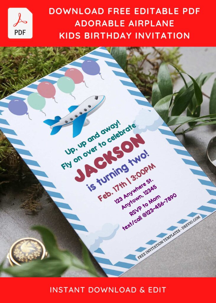 (Free Editable PDF) Adorable Airplane Themed Birthday Invitation Templates F