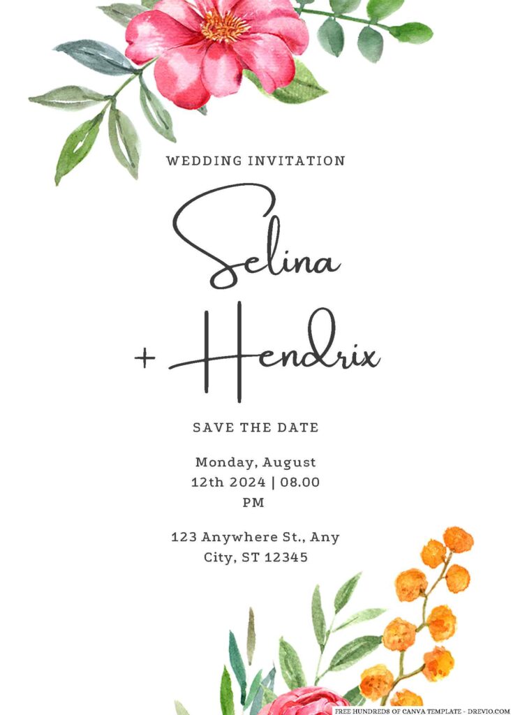 Free Editable Watercolor Spring Flower Wedding Invitation