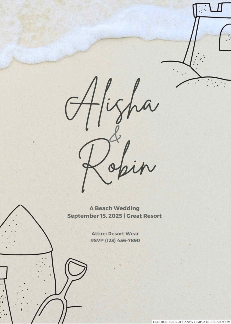 Free Editable Sand Castle Line Illustration Wedding Invitation