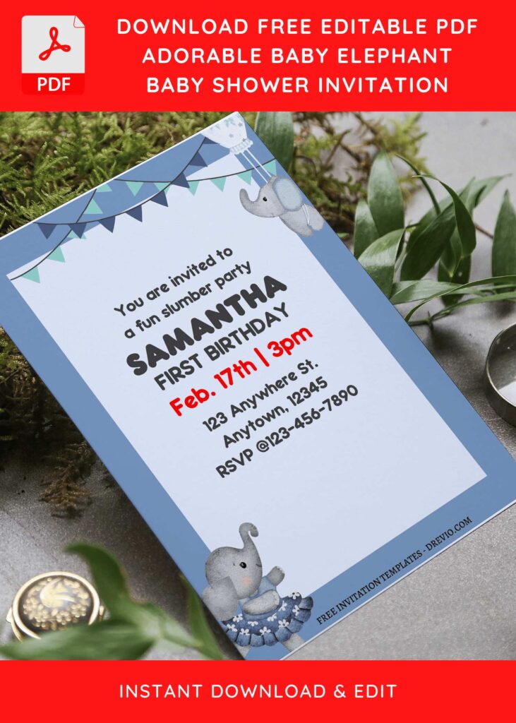 (Free Editable PDF) Little Peanut Elephant Birthday Invitation Templates F