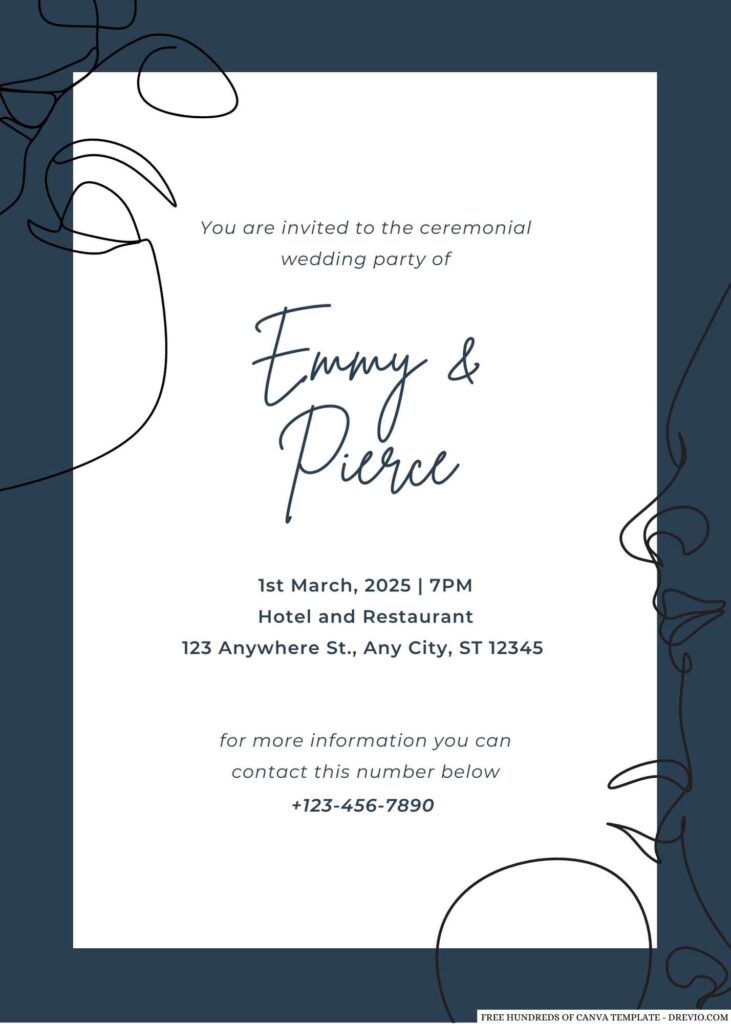 Free Editable Navy Blue Art Illustration Wedding Invitation