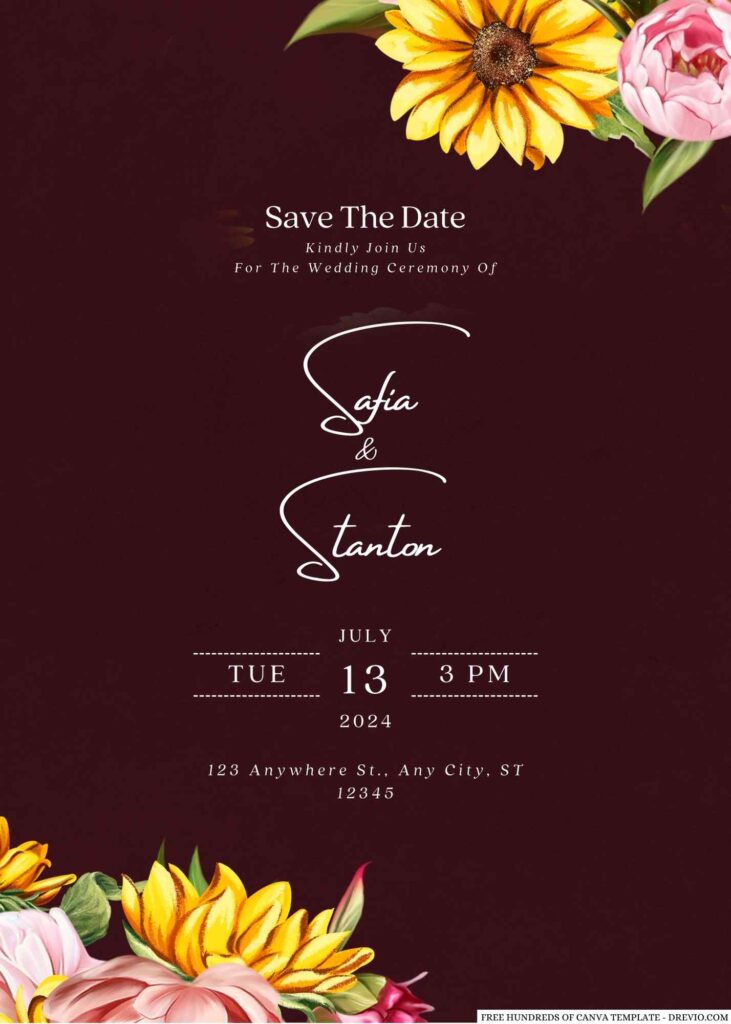Free Editable Burgundy Sunflower Blush Peony Wedding Invitation