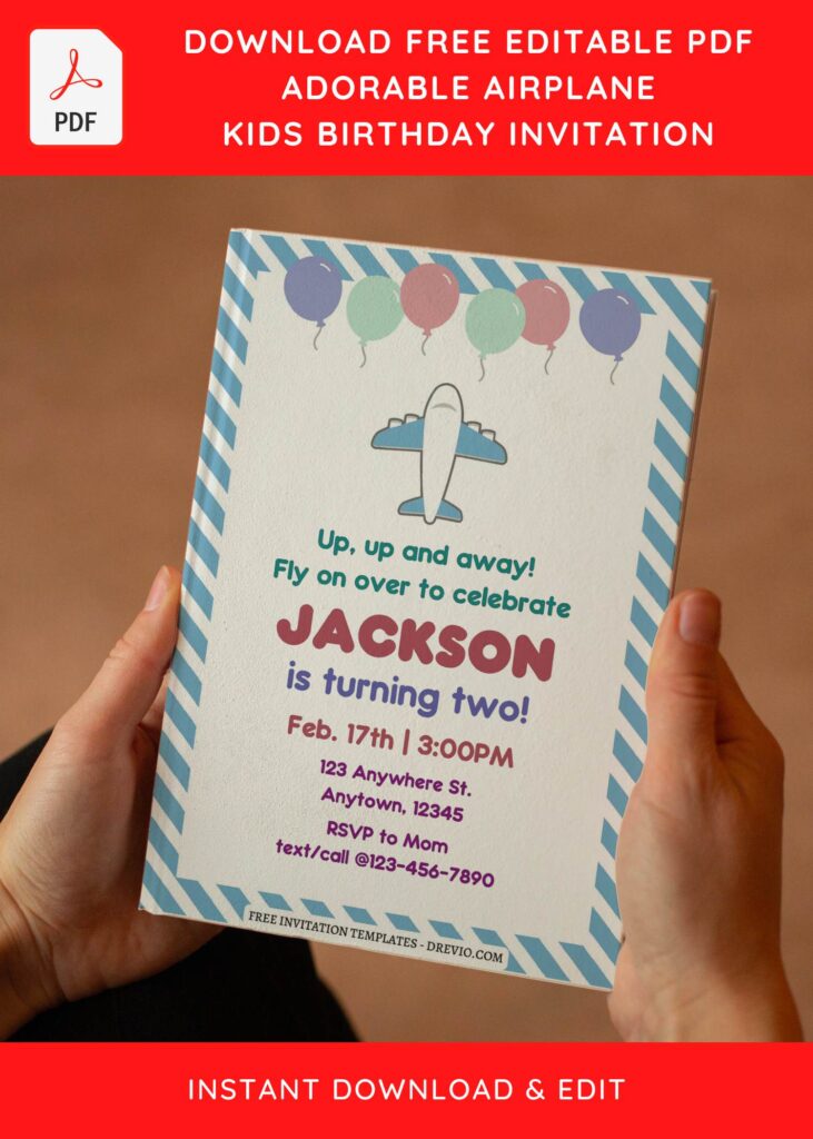 (Free Editable PDF) Adorable Airplane Themed Birthday Invitation Templates E