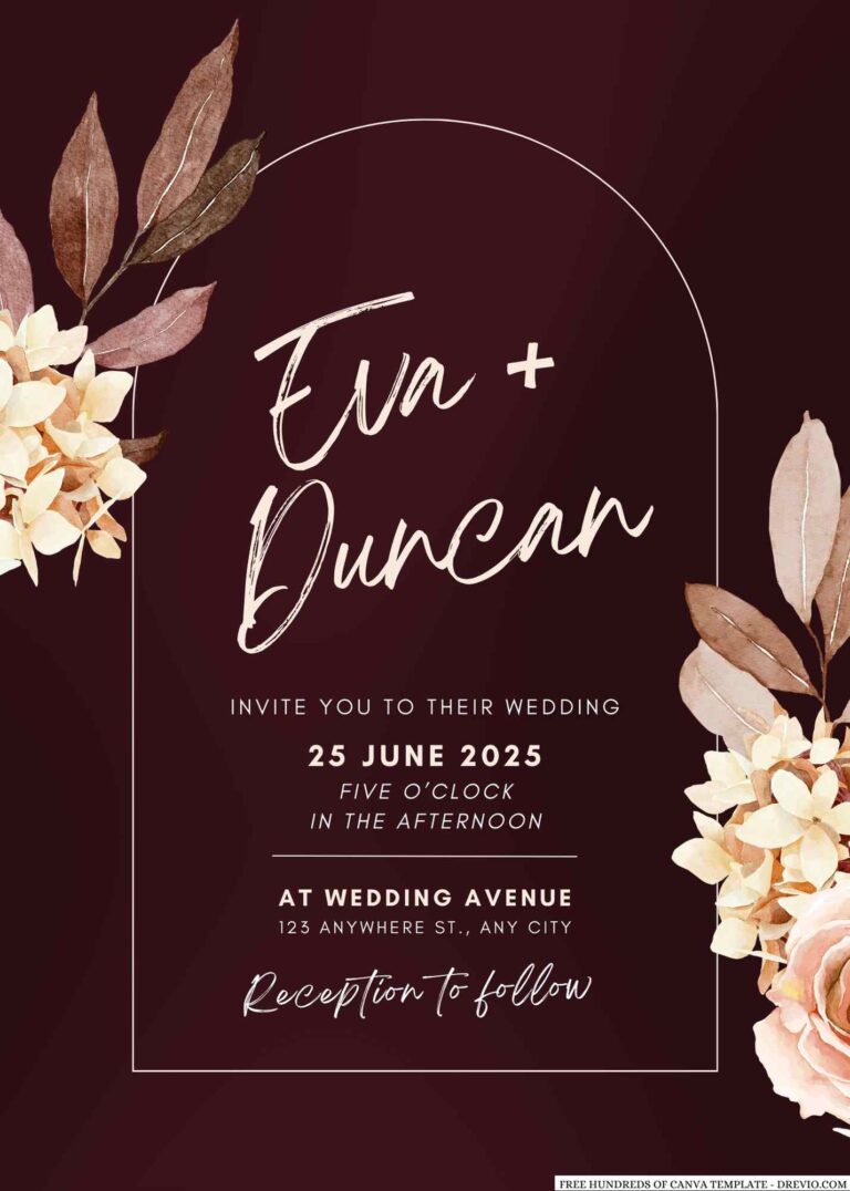 Free Editable Burgundy Watercolor Autumun Flower Wedding Invitation
