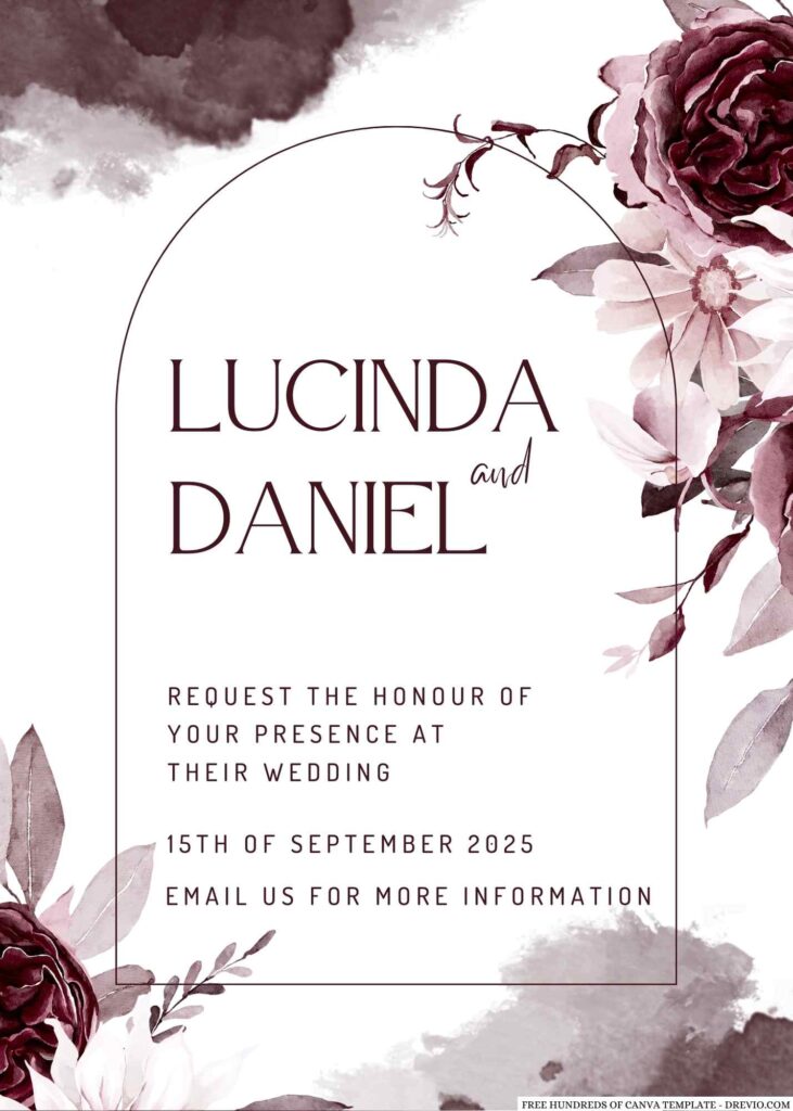 Free Editable Watercolor White Burgundy Flower Wedding Invitation