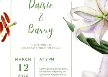 Free Editable Watercolor Lily Flower Wedding Invitation