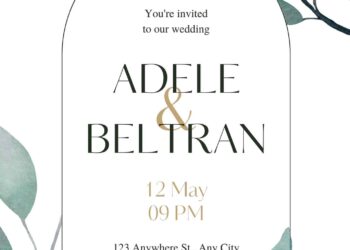 Free Editable Bouquet Green Gold Leaves Wedding Invitation