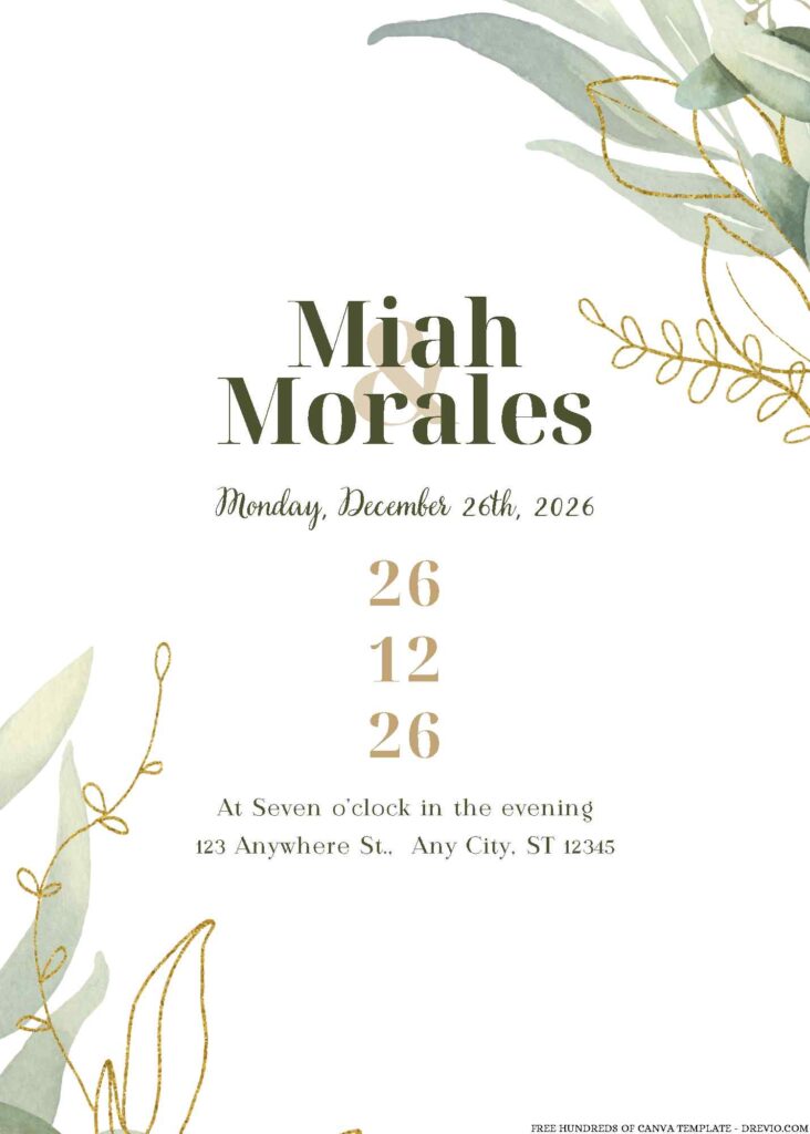 Free Editable Watercolor Floral Green Gold Leaves Wedding Invitation