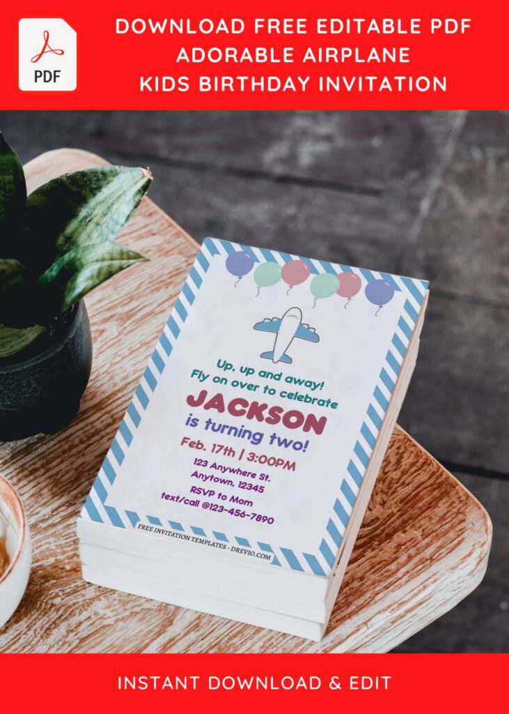 (Free Editable PDF) Adorable Airplane Themed Birthday Invitation Templates D