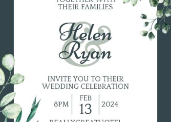Free Editable Green Leaves White Roses Wedding Invitation