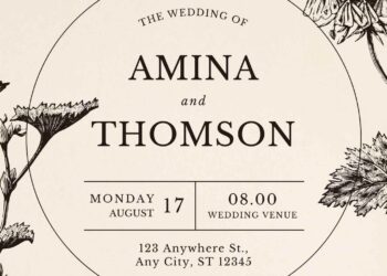 Free Editable Vintage Line Floral Illustration Wedding Invitation