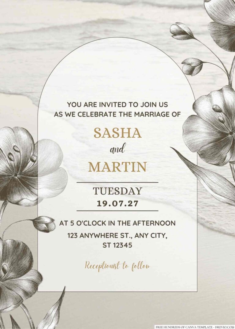 Beach Hand Drawn Elegant Flower Canva Wedding Invitation Templates