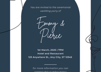 Free Editable Navy Blue Art Illustration Wedding Invitation