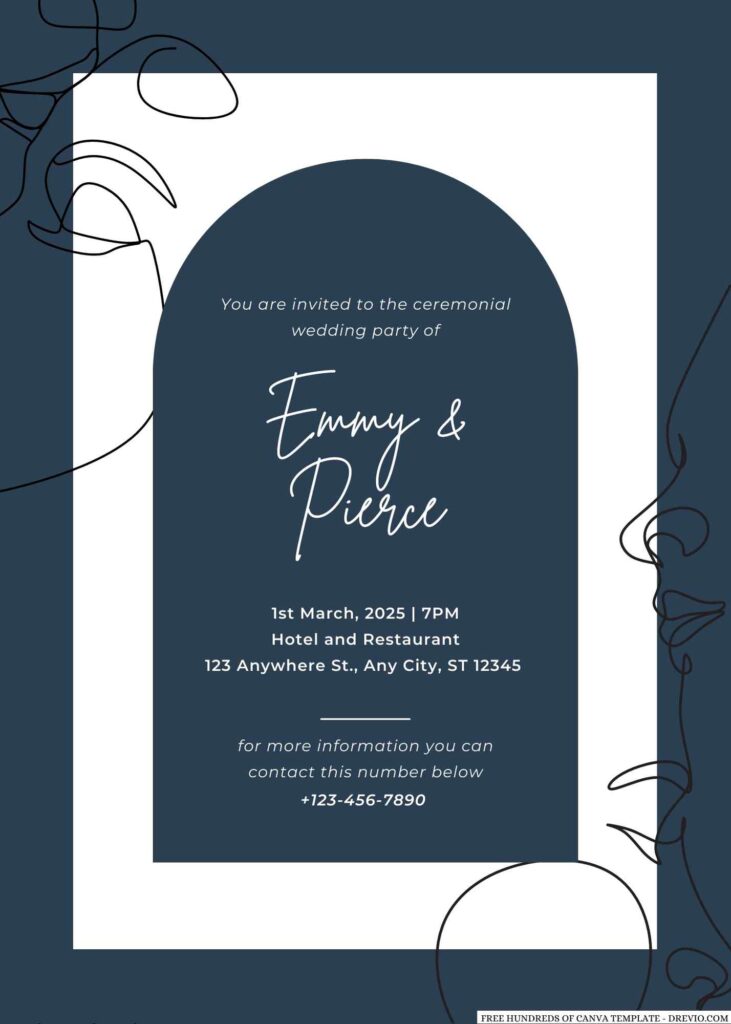 Free Editable Navy Blue Art Illustration Wedding Invitation